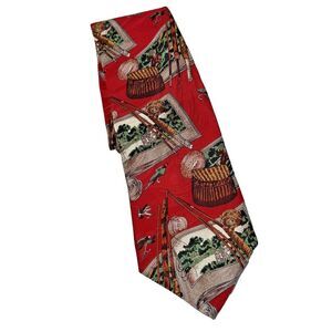 VTG Museum Artifacts Silk Tie Red Fishing‎ Pole Fish Outdoor Adventure Dad Gift